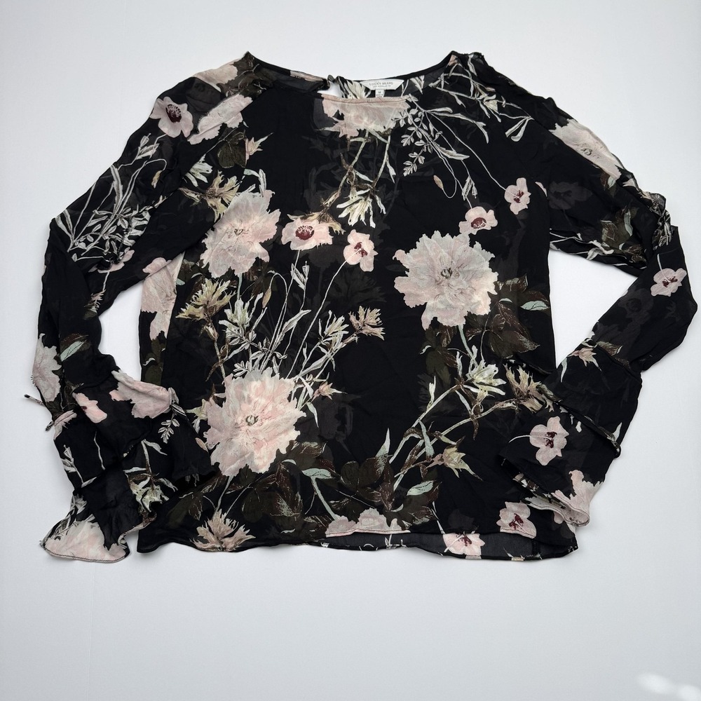 Lucky Brand Shirt Womens Medium Black Floral Sheer Long Sleeve Tie Cuff Boho
